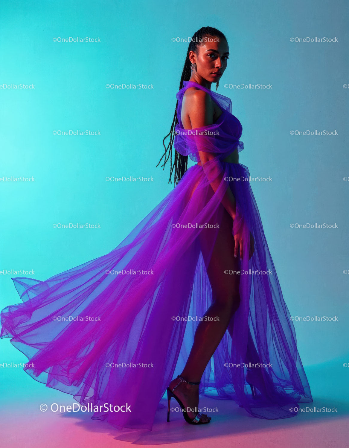 Fashionable Woman in Purple Tulle Dress with High Heels