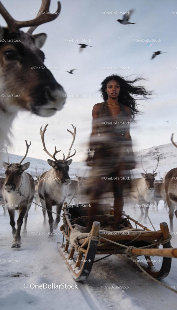 Woman standing on reindeer sled in snowy landscape