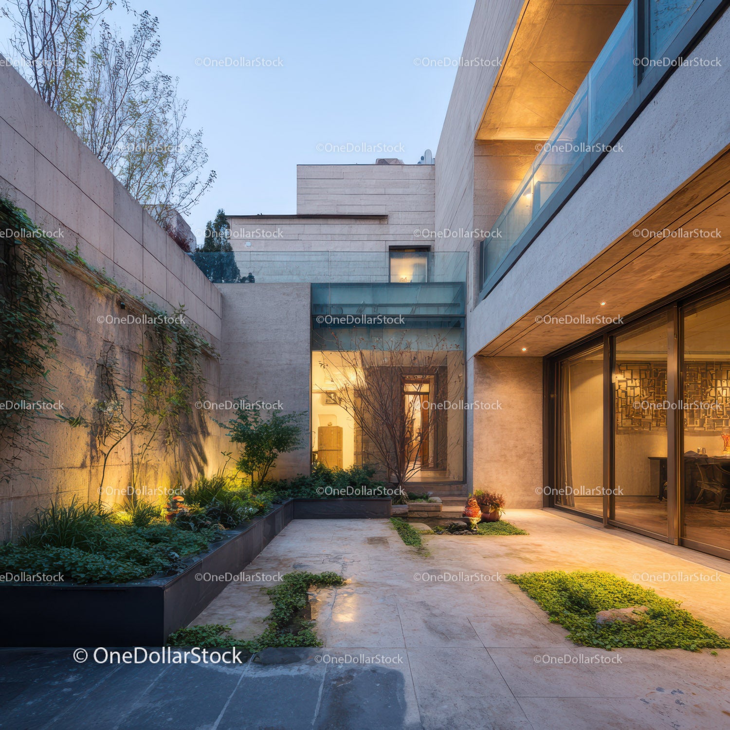 Contemporary Modern House with Illuminated Patio and Greenery