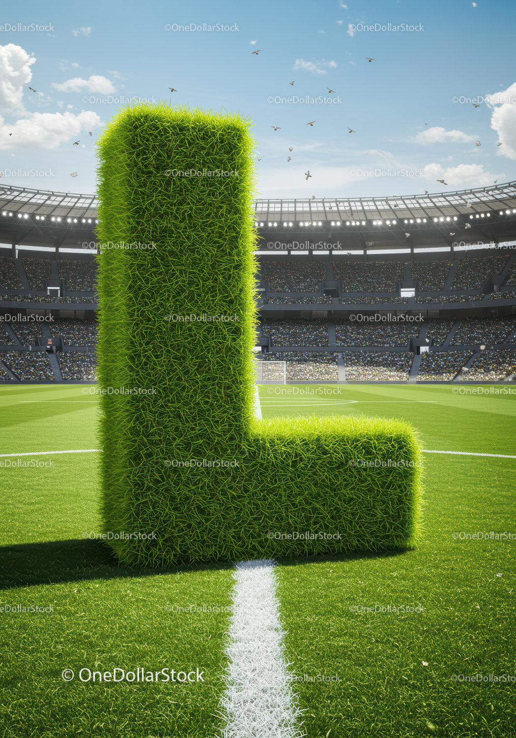 Duża trawa z literą L na boisku piłkarskim na stadionie