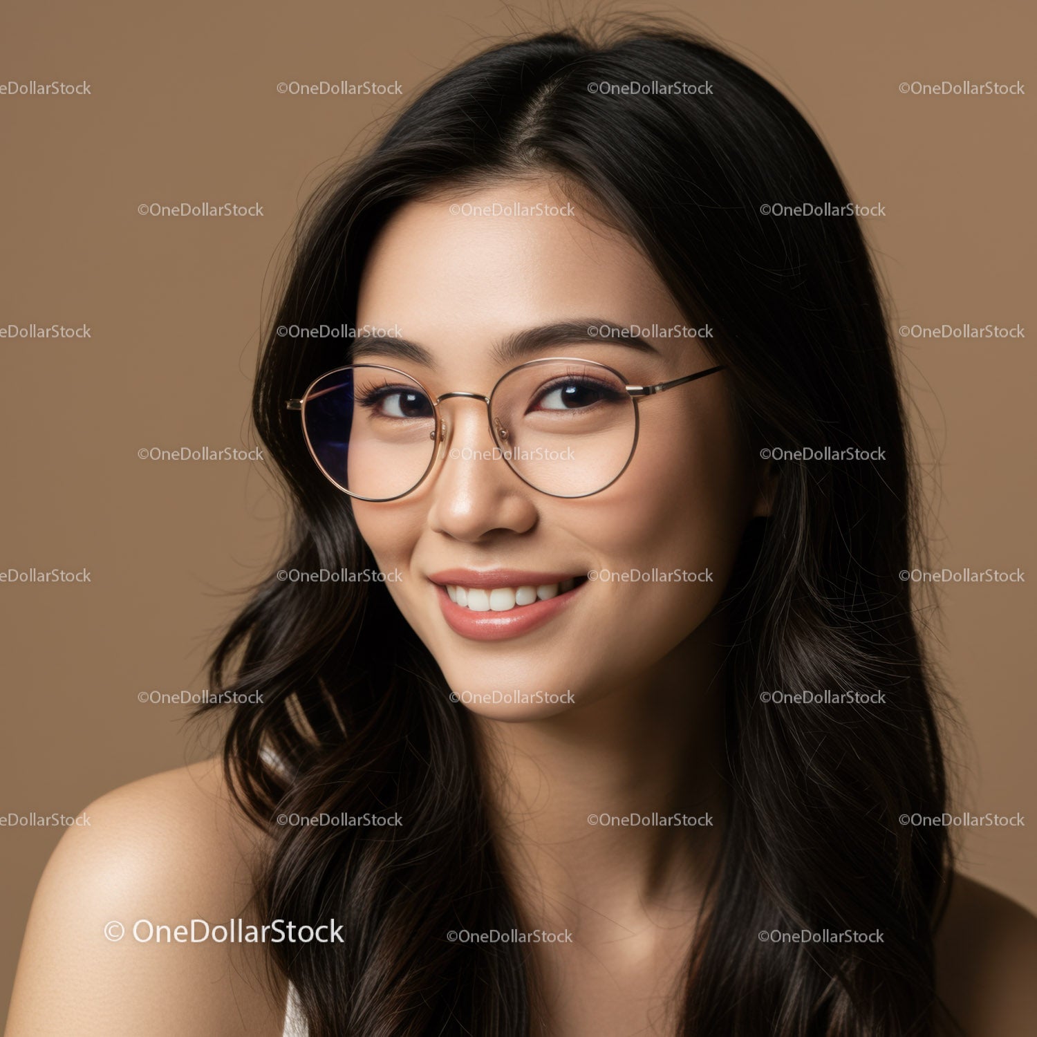 Stylish Young Woman with Glasses and Long Dark Hair Portrait