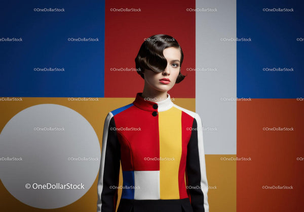 Modelka mody w kolorowej sukience geometrycznej z retro fryzurą