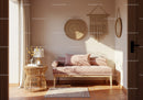 Cozy seating area with rattan side table and soft cushions
