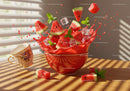 Fresh watermelon splashing from red bowl on wooden table