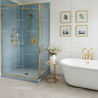 Modern Bathroom with Blue Tile Shower and Freestanding Tub