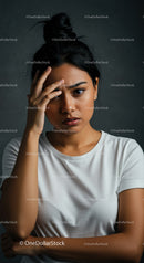 Expressive Woman in Casual White T-Shirt with Thoughtful Pose