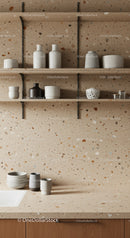 Modern Kitchen with Terrazzo Wall and Ceramic Decor Shelves