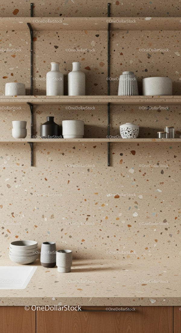 Nowoczesna Kuchnia z Ścianą Terrazzo i Ceramicznymi Półkami Dekoracyjnymi