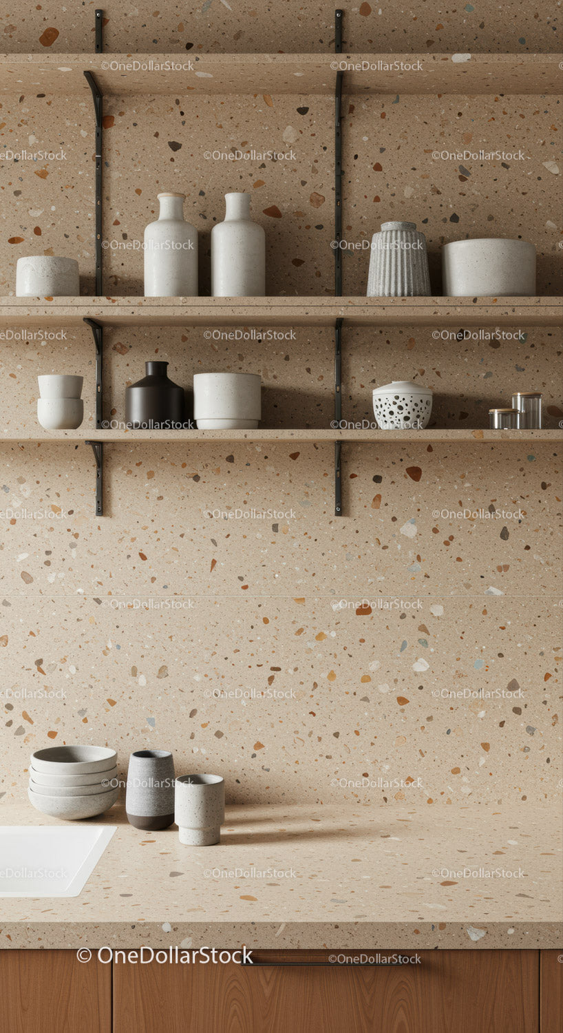 Nowoczesna kuchnia ze ścianą lastrykową i ceramicznymi półkami dekoracyjnymi
