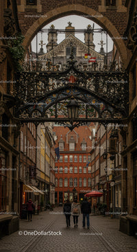 Historic European Street with Wrought Iron Decorations and Cobblestone Path