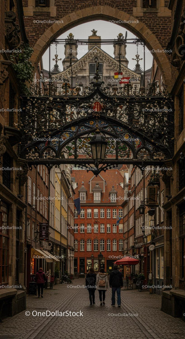 Historic European Street with Wrought Iron Decorations and Cobblestone Path