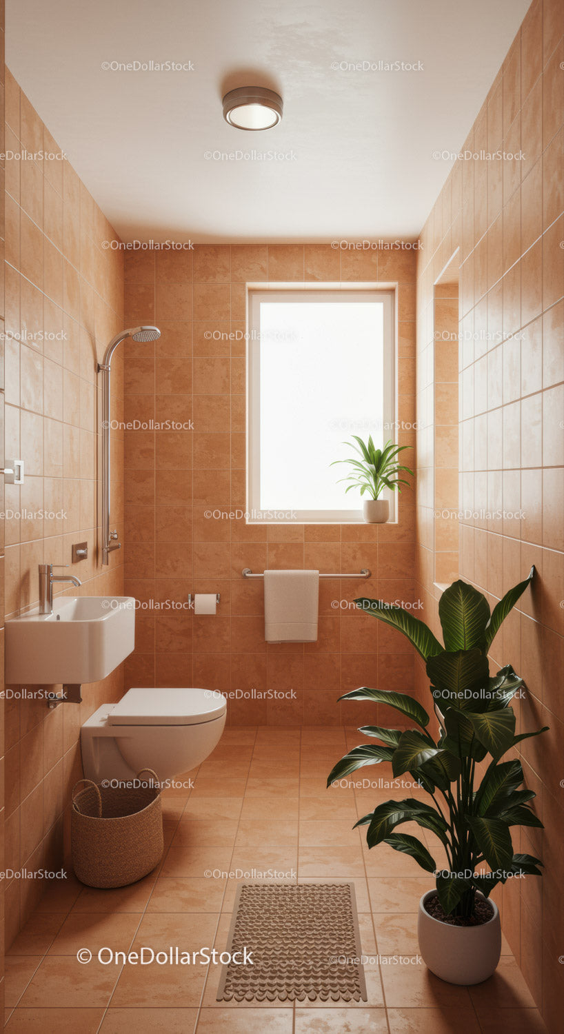 Sunlit Bathroom with Houseplants and Terracotta Tiles