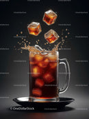 Refreshing glass of iced cola with splashing ice cubes