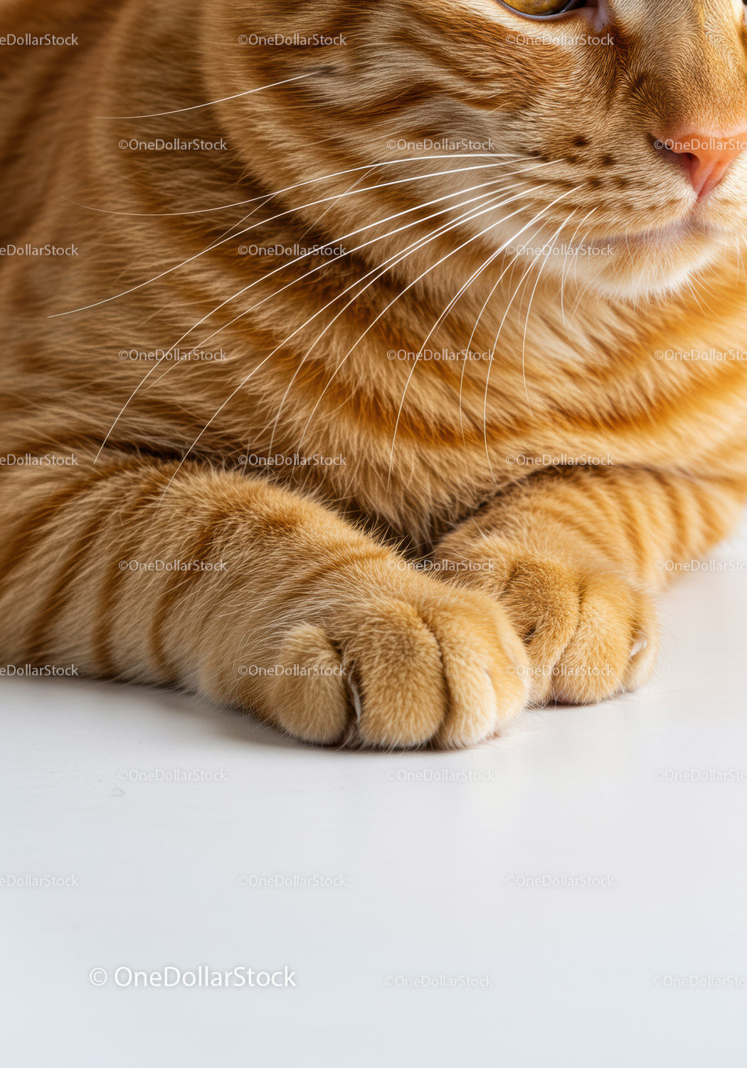 Close up of relaxed orange tabby cat paws and whiskers