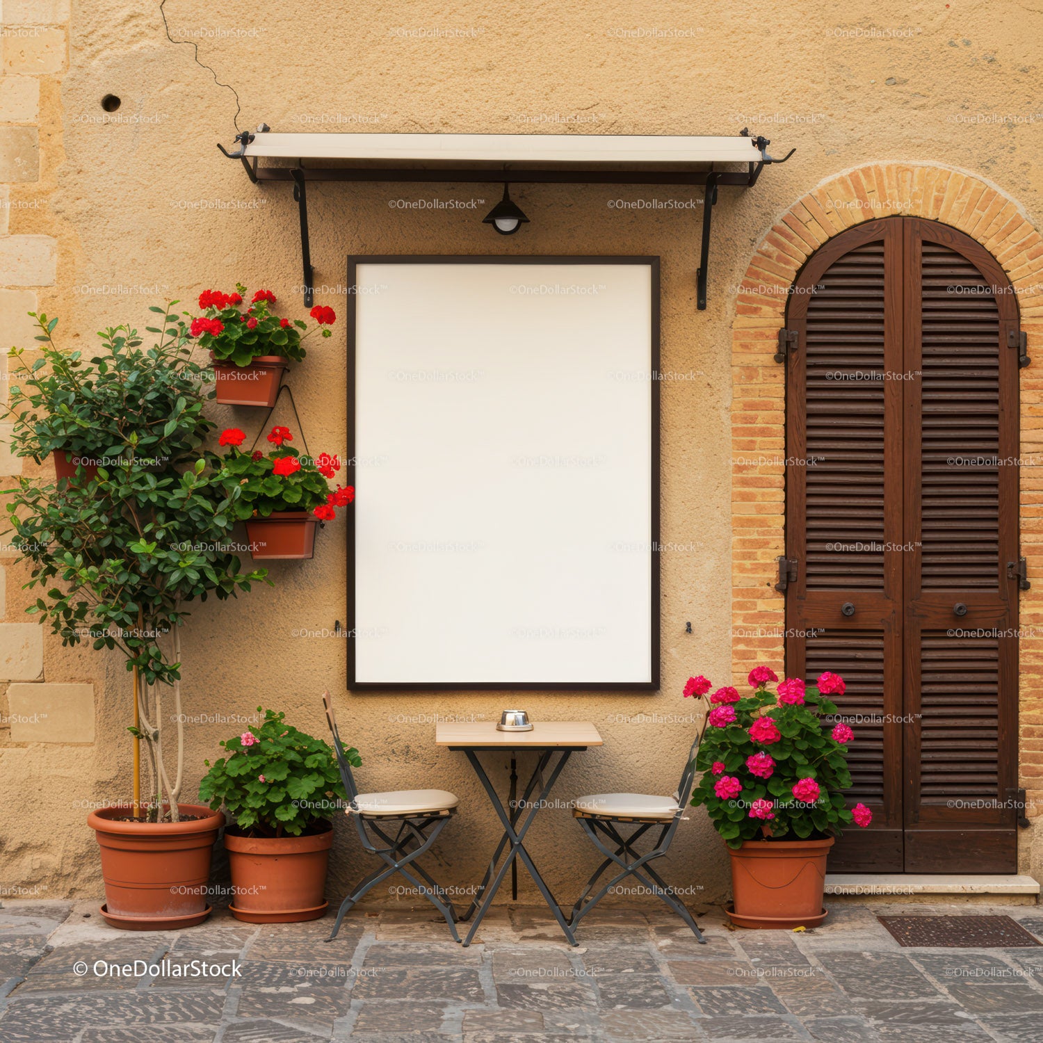 Cozy outdoor cafe corner with flowers and empty sign