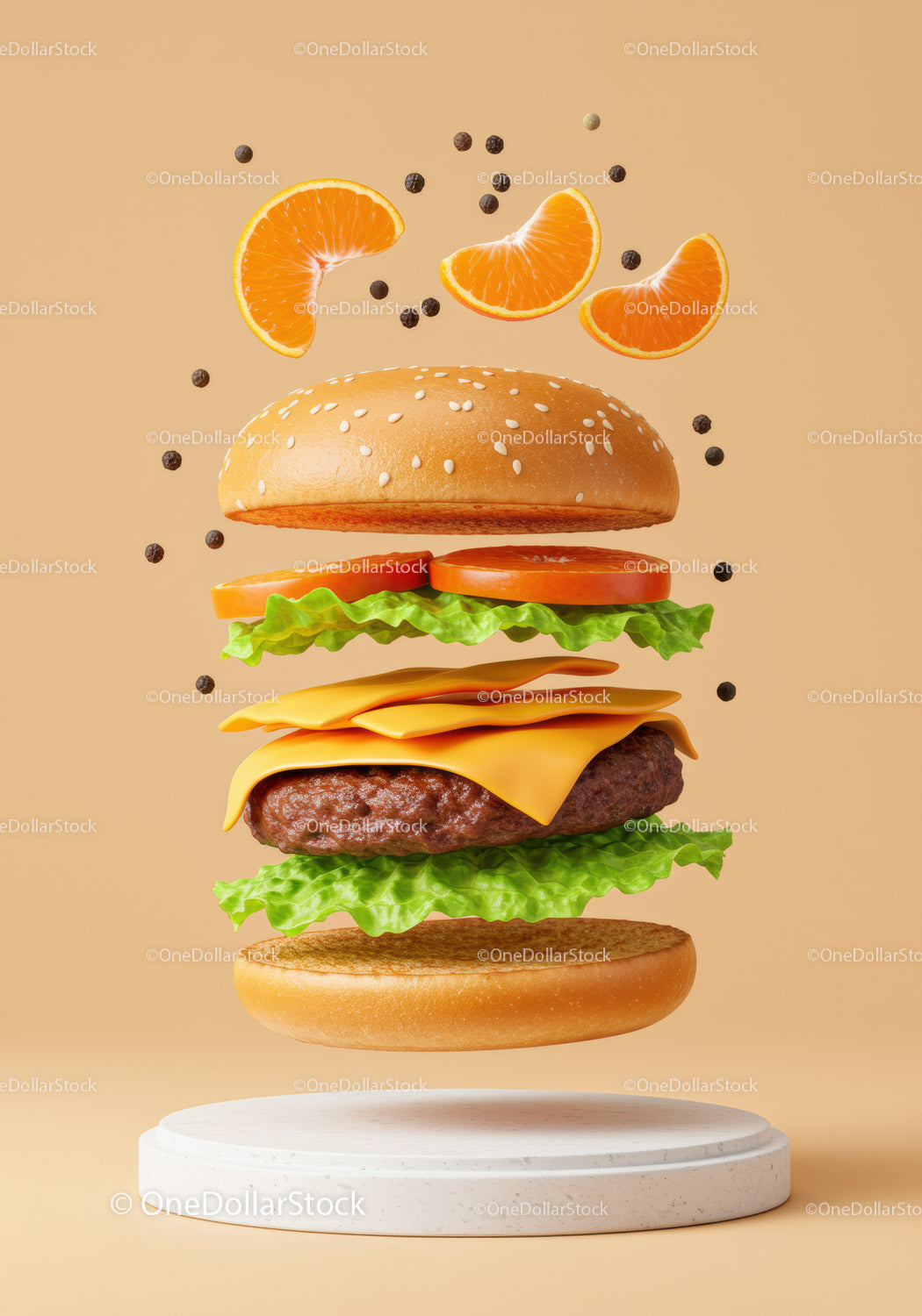 Deconstructed cheeseburger with fresh ingredients and orange slices