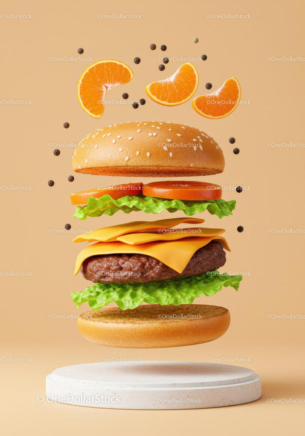 Deconstructed cheeseburger with fresh ingredients and orange slices