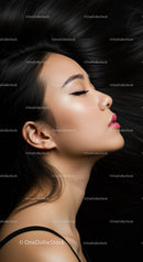 Serene profile of young woman with flowing black hair