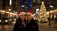 Couple Wearing Santa Hats in Festive City Lights