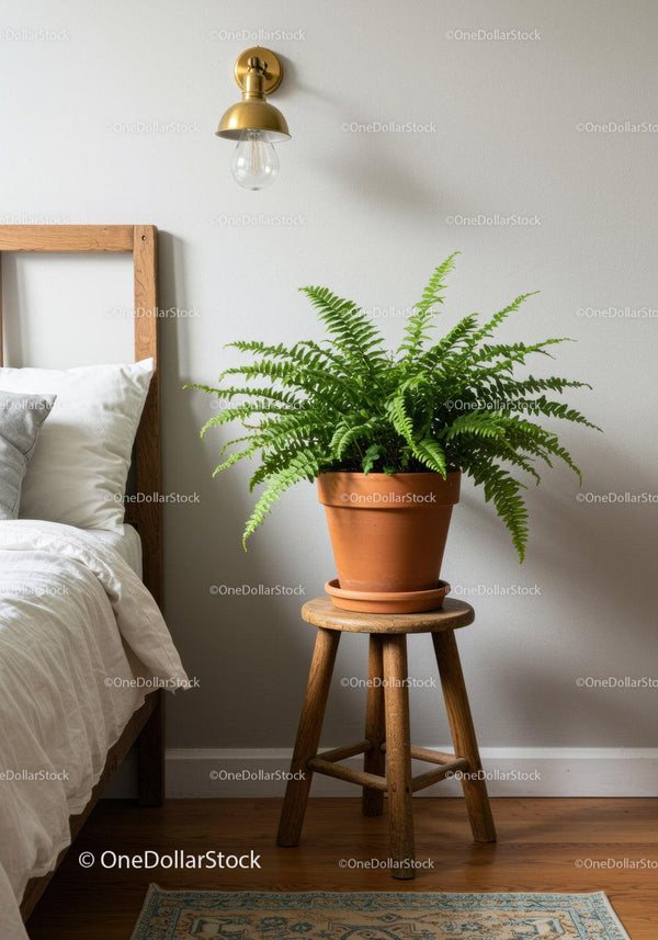 Elegant Indoor Fern in Rustic Terracotta Pot on Wooden Stool