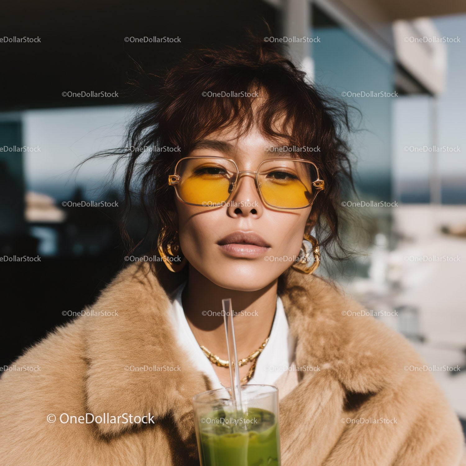 Fashionable Woman with Yellow Sunglasses Wearing Fur Coat Outdoors
