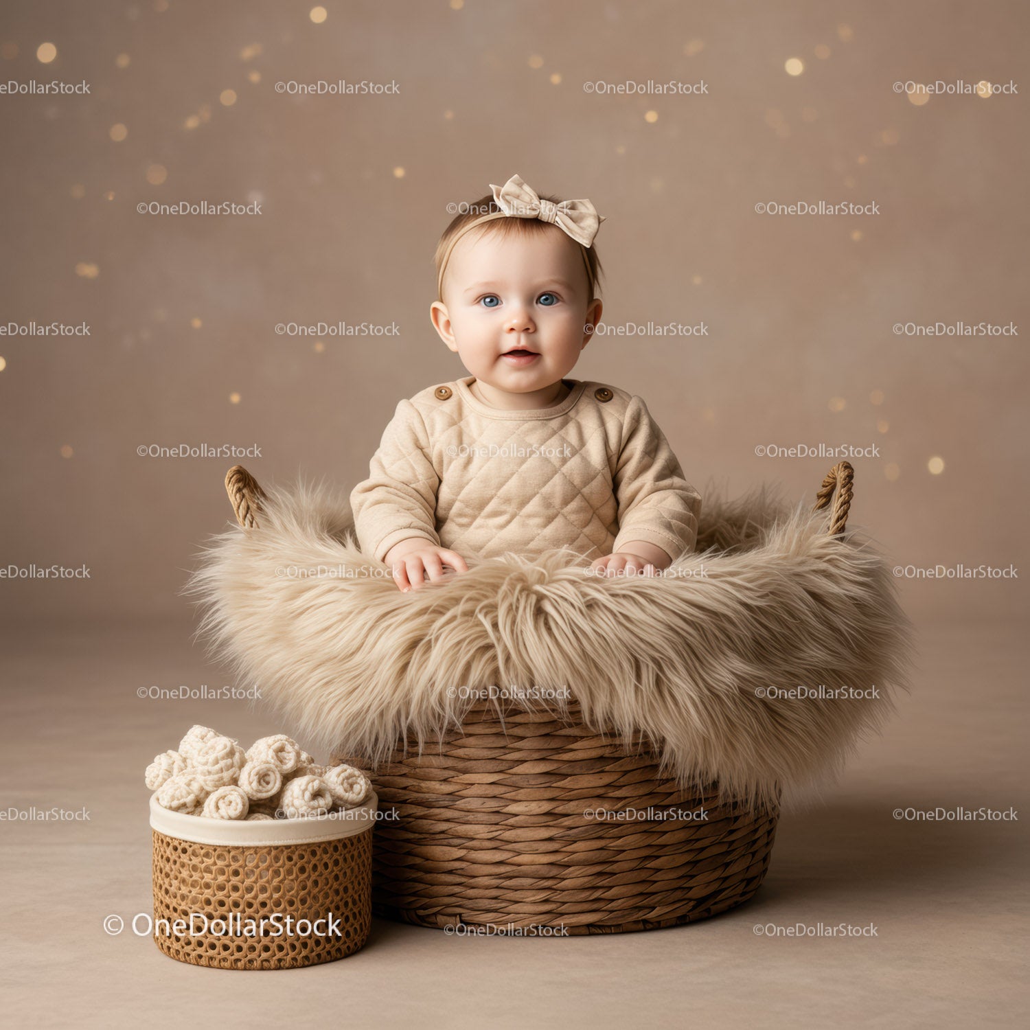 Adorable Baby Girl Sitting in Cozy Basket with Soft Blanket