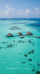 Overwater Bungalows Overlooking Blue Turquoise Lagoon Under Sunny Sky