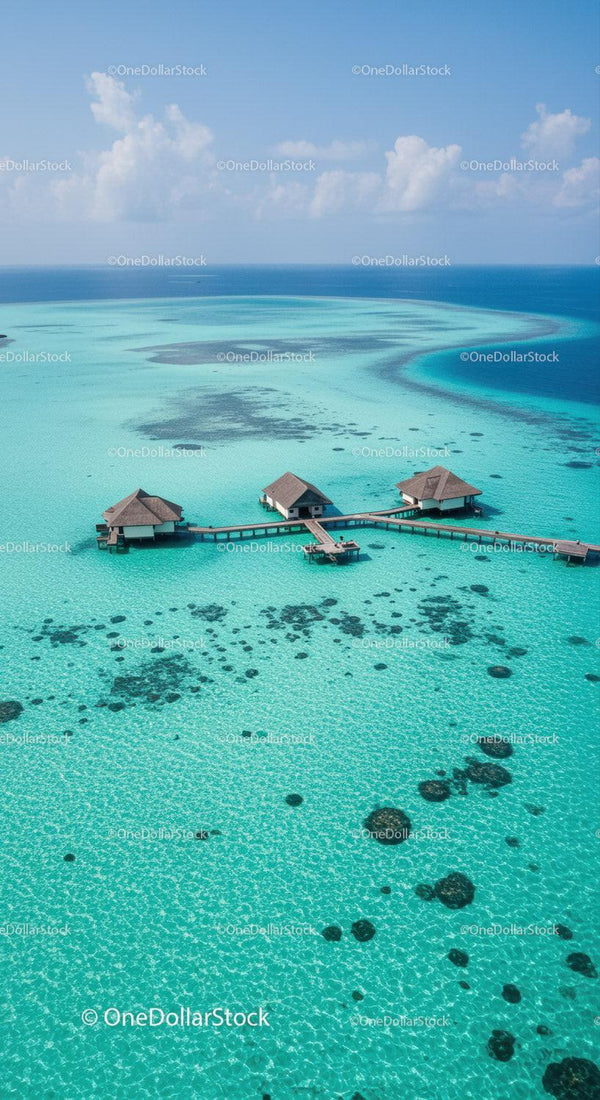 Overwater Bungalows Overlooking Blue Turquoise Lagoon Under Sunny Sky