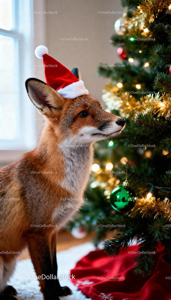 Red fox wearing Santa hat near decorated Christmas tree