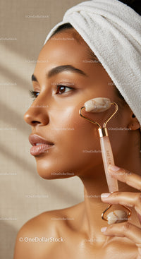 Woman Using Jade Facial Roller for Skin Rejuvenation and Relaxation