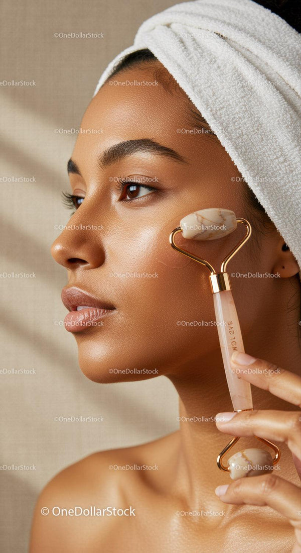 Woman Using Jade Facial Roller for Skin Rejuvenation and Relaxation