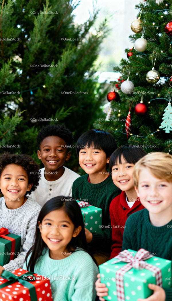 Joyful kids exchanging Christmas gifts by decorated tree