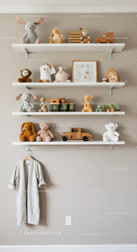 Cozy Nursery with Plush Toys and Shelving Decorations for Children's Room