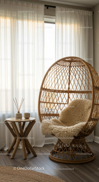Cozy wicker chair with sheepskin in serene living space