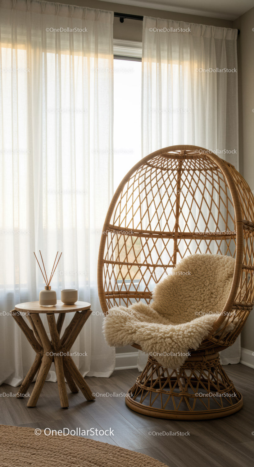 Cozy wicker chair with sheepskin in serene living space