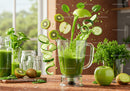 Fresh green smoothie ingredients splash in blender pitcher