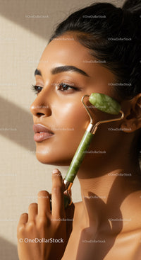 Woman Using Jade Roller for Facial Skin Care Beauty Treatment