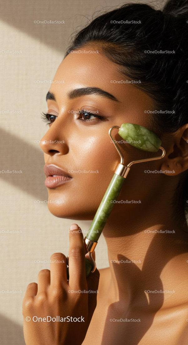 Woman Using Jade Roller for Facial Skin Care Beauty Treatment