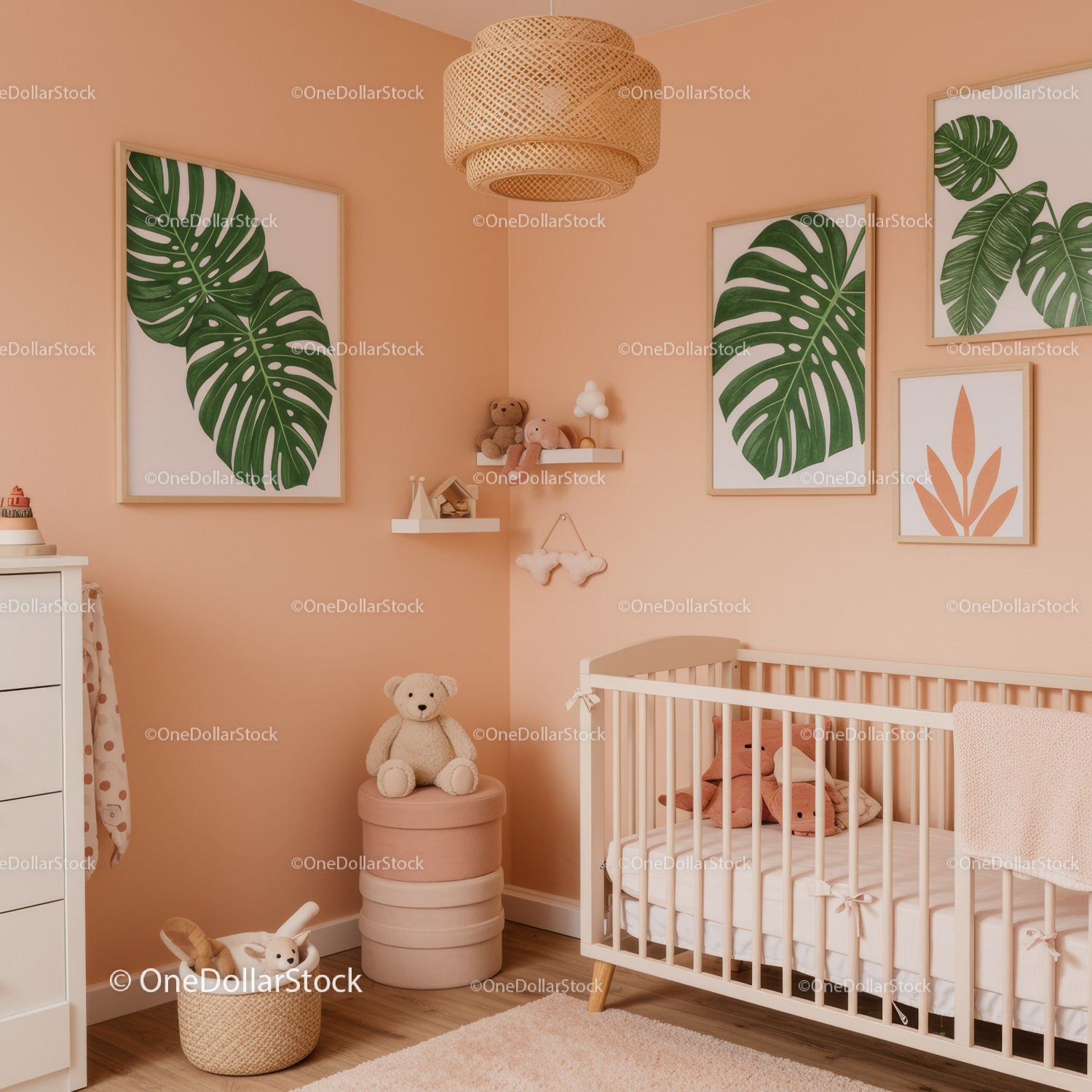 Pink Nursery Room with Monstera Wall Art and Plush Toys