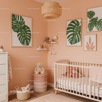 Pink Nursery Room with Monstera Wall Art and Plush Toys