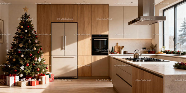 Modern Kitchen with Festive Christmas Tree and Gifts