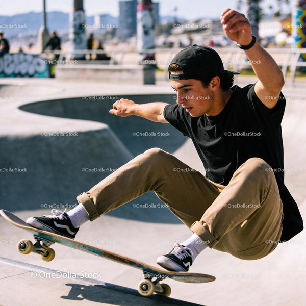 Focused skateboarder performing tricks at urban skatepark