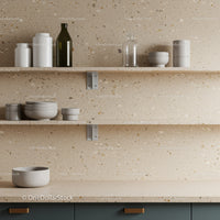 Modern Kitchen with Terrazzo Backsplash and Floating Shelves