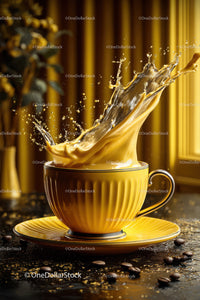 Yellow Coffee Cup with Splash of Coffee in Stylish Kitchen