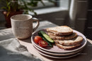 Fresh Cucumber and Tomato Breakfast with Sliced Bread and Mug