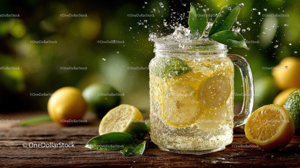 Cool Lemonade in Mason Jar with Fresh Lemons and Mint Stock Photo Bundle (17 JPG Files)