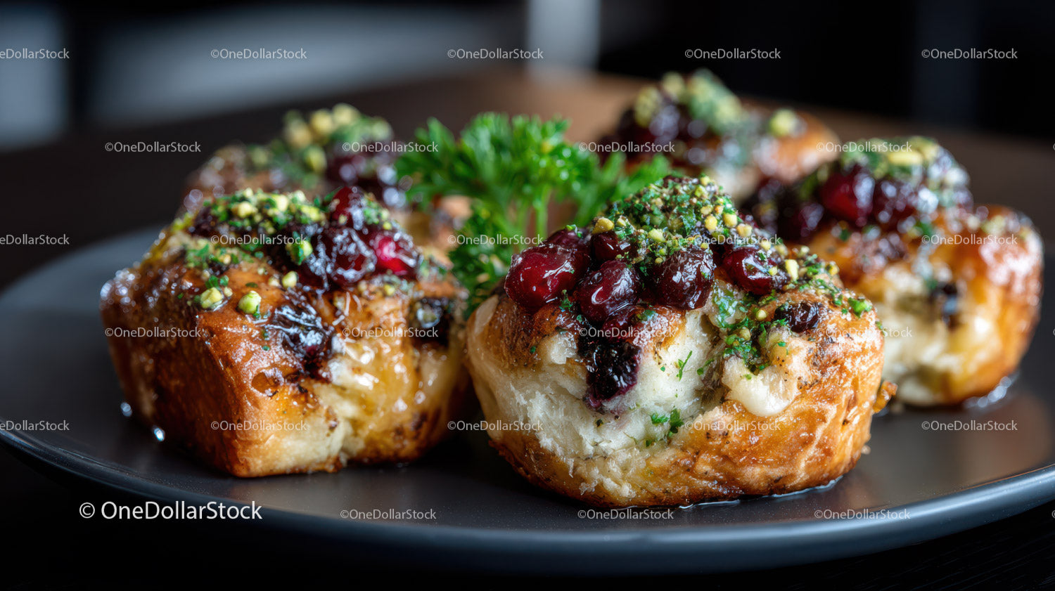 Gourmet Cheese and Berry Topped Pastry Bites with Pistachios and Parsley