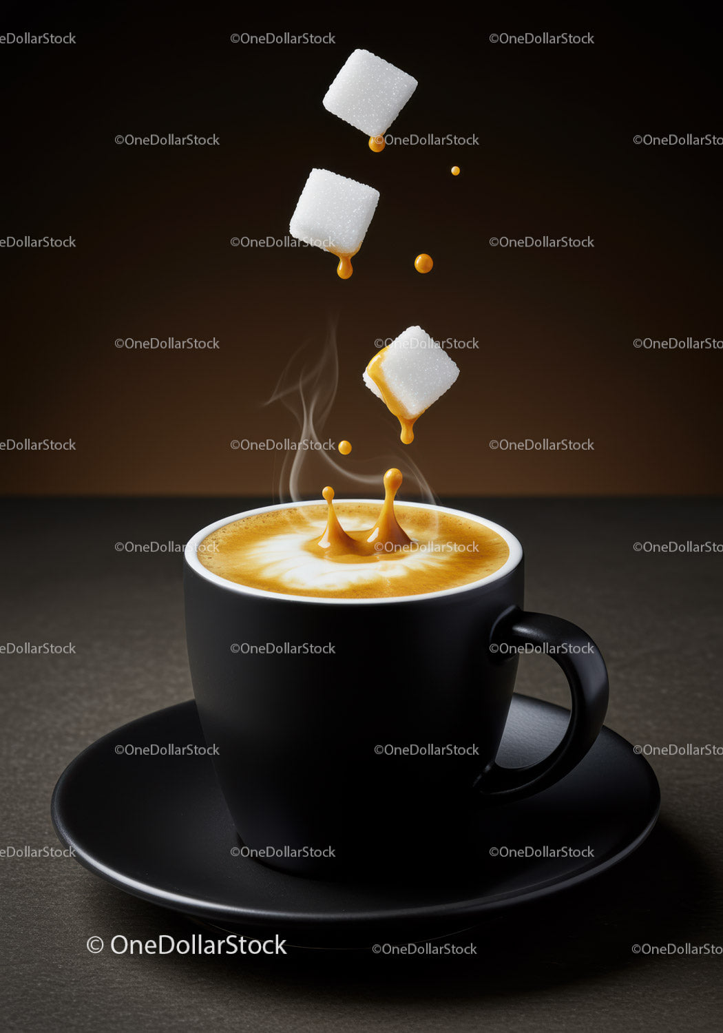 Freshly brewed coffee with sugar cubes splashing