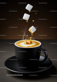 Freshly brewed coffee with sugar cubes splashing