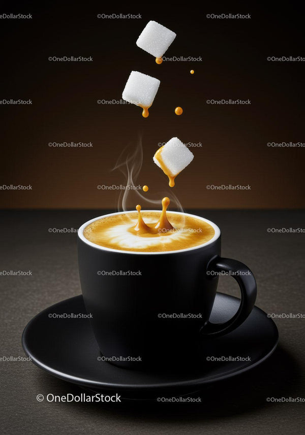Freshly brewed coffee with sugar cubes splashing